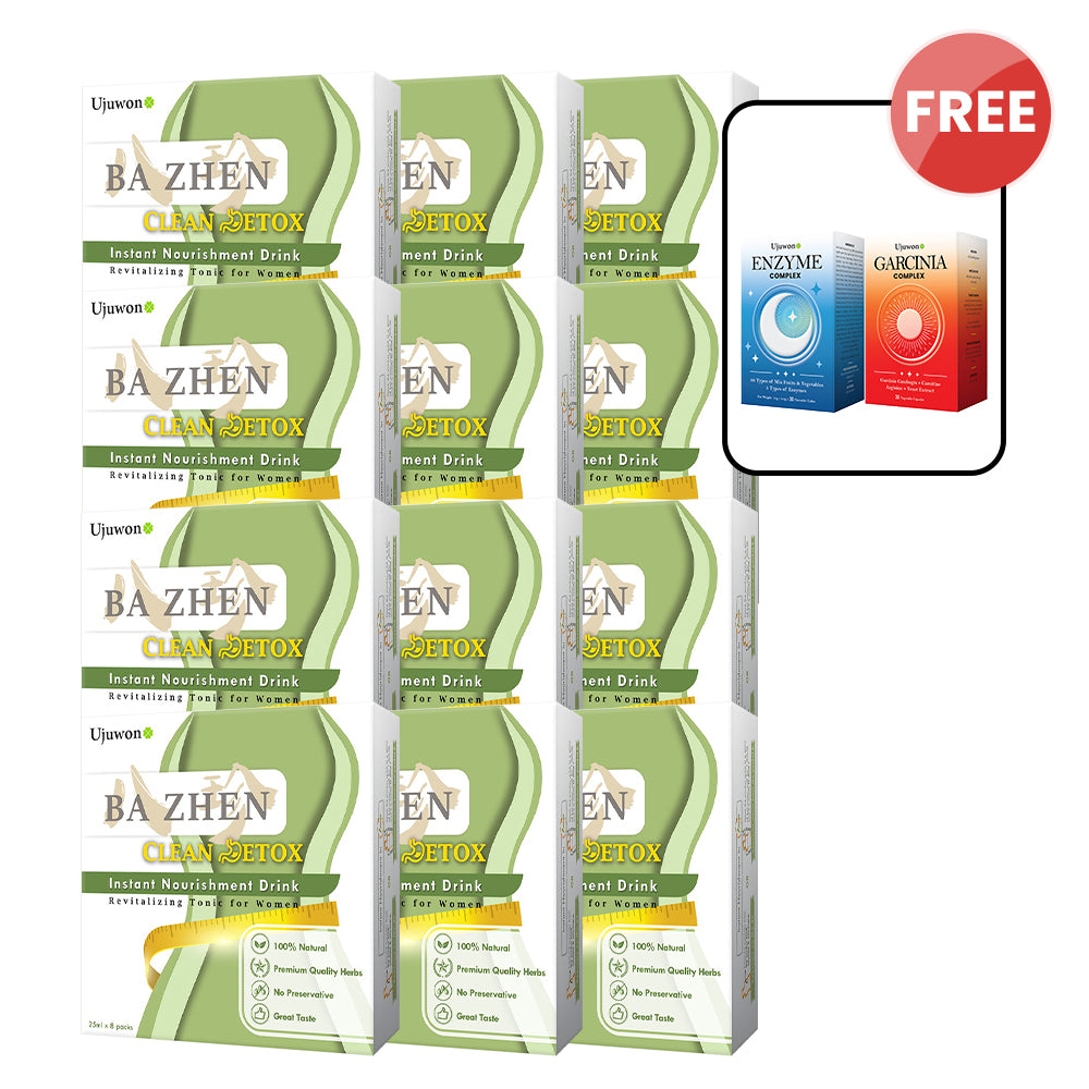 【Bundle of 12】Ujuwon Ba Zhen Clean Detox Instant Nourishment Drink 8s ×12 + Free Enzyme Complex 30s + Garcinia Complex 30s ×1