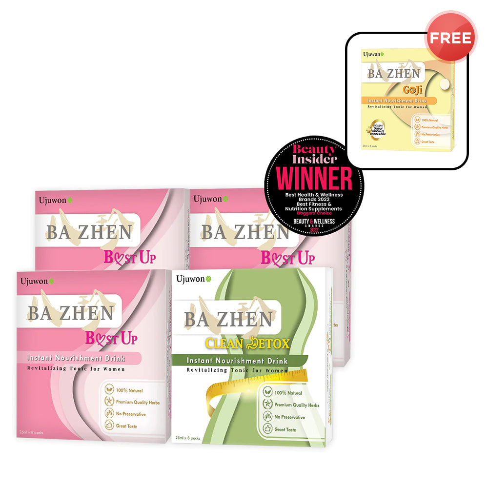 【Bundle of 4】Ujuwon Ba Zhen B.ust Up Instant Nourishment Drink 8s x3 + Ba Zhen Clean Detox Instant Nourishment Drink 8s x1 + Free Ba Zhen Goji Instant Nourishment Drink 8s × 1 box
