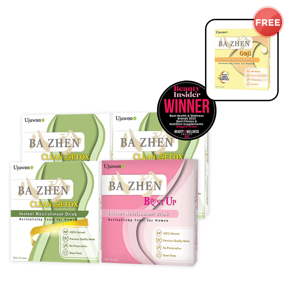 【Bundle of 4】Ujuwon Ba Zhen B.ust Up Instant Nourishment Drink 8s x1 + Ba Zhen Clean Detox Instant Nourishment Drink 8s x3 + Free Ba Zhen Goji Instant Nourishment Drink 8s × 1 box