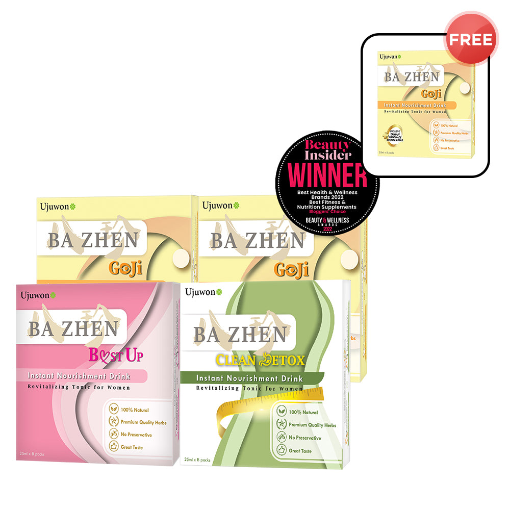 【Bundle of 4】Ujuwon Ba Zhen Goji Instant Nourishment Drink 8s x 2 + Ujuwon Ba Zhen B.ust Up Instant Nourishment Drink 8s x 1 + Ba Zhen Clean Detox Instant Nourishment Drink 8s x 1 + Free Ba Zhen Goji Instant Nourishment Drink 8s × 1 box