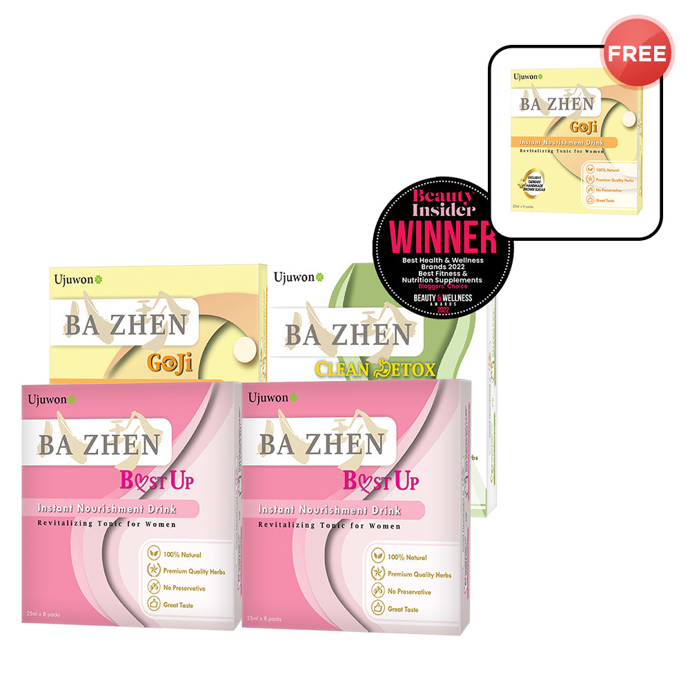 【Bundle of 4】Ujuwon Ba Zhen Goji Instant Nourishment Drink 8s x 1 + Ujuwon Ba Zhen B.ust Up Instant Nourishment Drink 8s x 2 + Ba Zhen Clean Detox Instant Nourishment Drink 8s x 1 + Free Ba Zhen Goji Instant Nourishment Drink 8s × 1 box