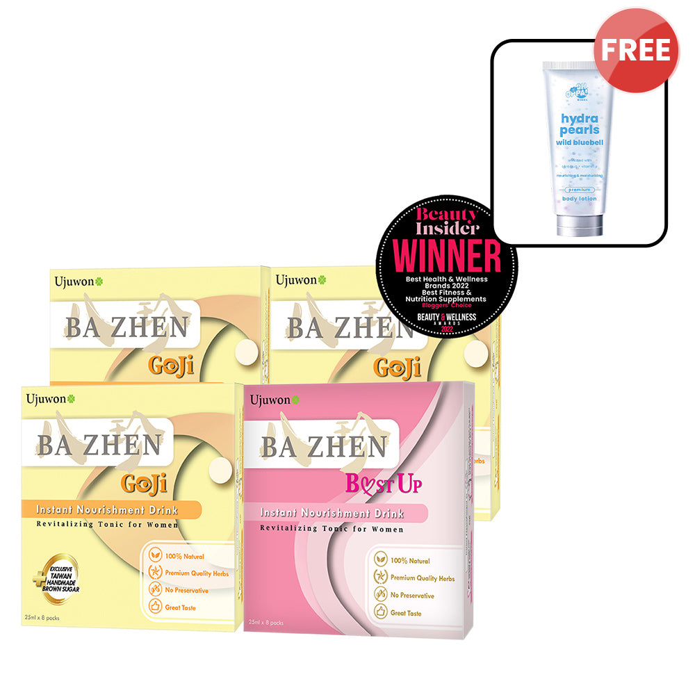 【Bundle of 4】Ujuwon Ba Zhen Goji Instant Nourishment Drink 8s (EXP-20260220) x 3 + B.ust Up Instant Nourishment Drink 8s x 1 + Free Oh Oppa Hydra Pearl Wild Bluebell Premium Body Lotion 150g × 1