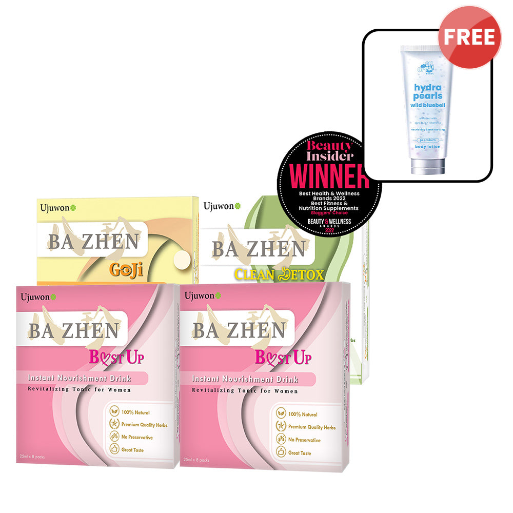 【Bundle of 4】Ujuwon Ba Zhen Goji Instant Nourishment Drink 8s (EXP-20260220) x 1 + B.ust Up Instant Nourishment Drink 8s x 2 + Clean Detox Instant Nourishment Drink 8s x 1 + Free Oh Oppa Hydra Pearl Wild Bluebell Premium Body Lotion 150g × 1