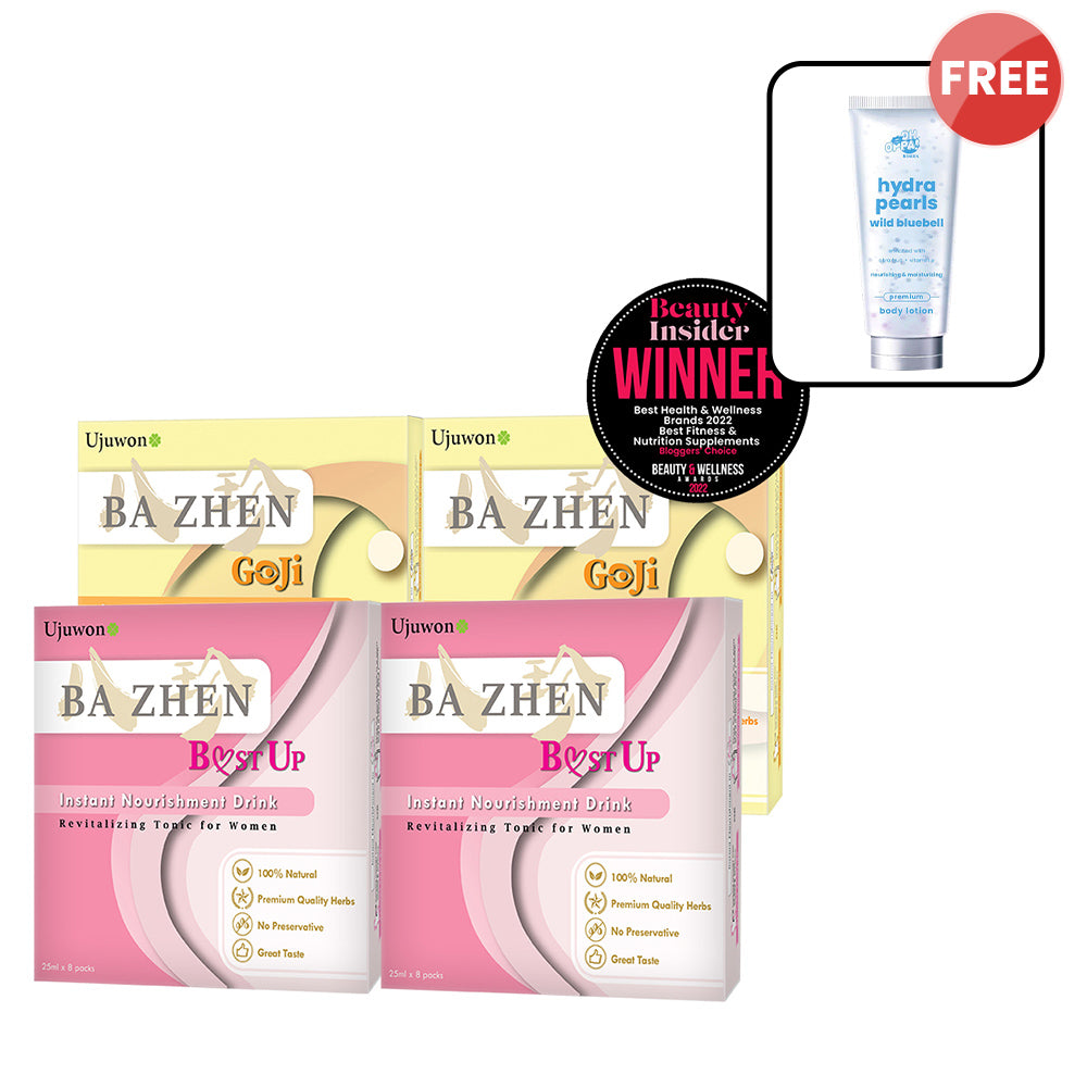【Bundle of 4】Ujuwon Ba Zhen Goji Instant Nourishment Drink 8s (EXP-20260220) x 2 + B.ust Up Instant Nourishment Drink 8s x 2 + Free Oh Oppa Hydra Pearl Wild Bluebell Premium Body Lotion 150g × 1
