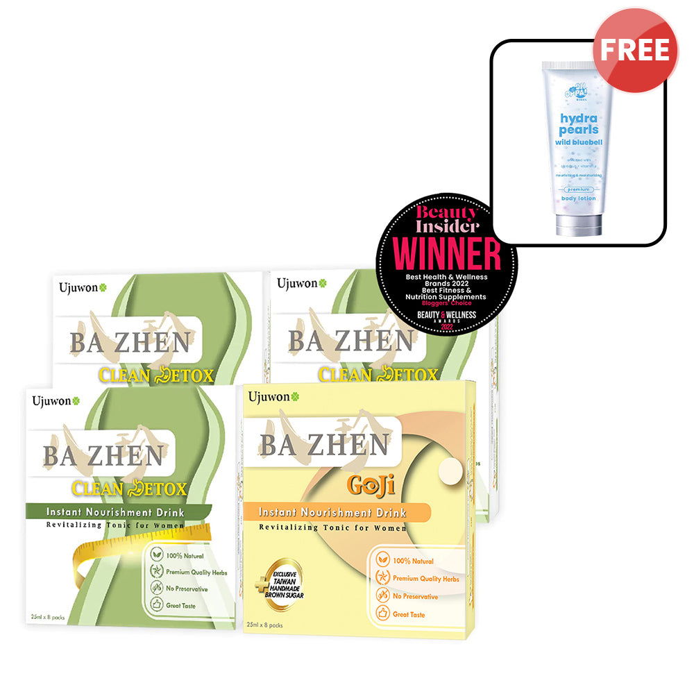 【Bundle of 4】Ujuwon Ba Zhen Goji Instant Nourishment Drink 8s (EXP-20260220) x 1 + Clean Detox Instant Nourishment Drink 8s x 3 + Free Oh Oppa Hydra Pearl Wild Bluebell Premium Body Lotion 150g × 1