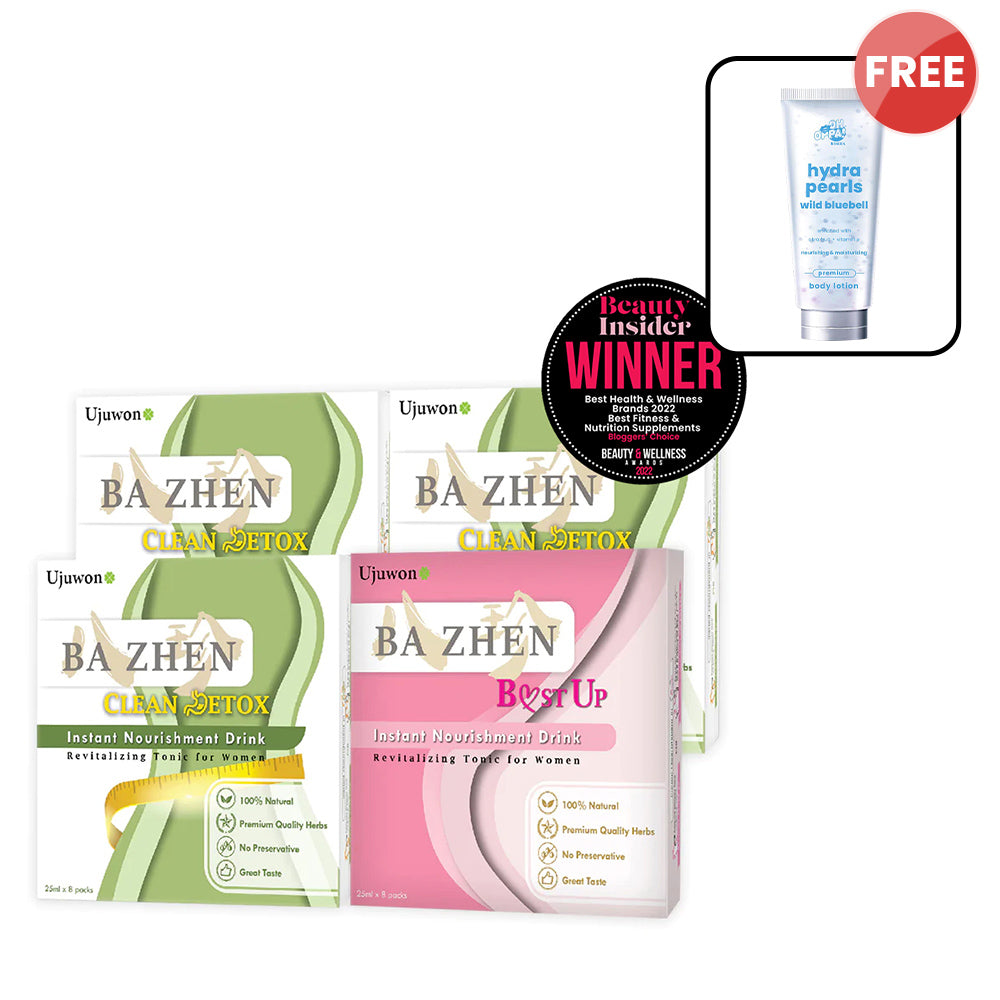 【Bundle of 4】Ujuwon Ba Zhen B.ust Up Instant Nourishment Drink 8s x1 + Clean Detox Instant Nourishment Drink 8s x3 + Free Oh Oppa Hydra Pearl Wild Bluebell Premium Body Lotion 150g × 1