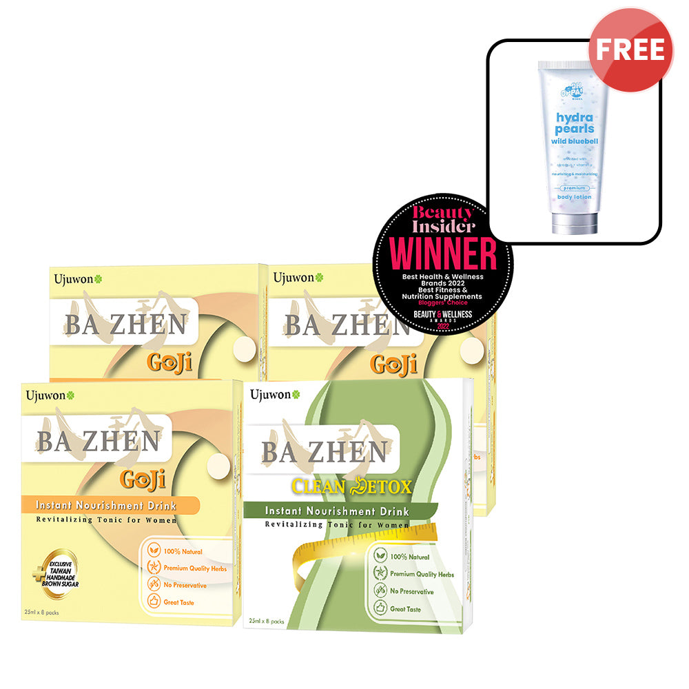 【Bundle of 4】Ujuwon Ba Zhen Goji Instant Nourishment Drink 8s (EXP-20260220) x 3 + Clean Detox Instant Nourishment Drink 8s x 1 + Free Oh Oppa Hydra Pearl Wild Bluebell Premium Body Lotion 150g × 1