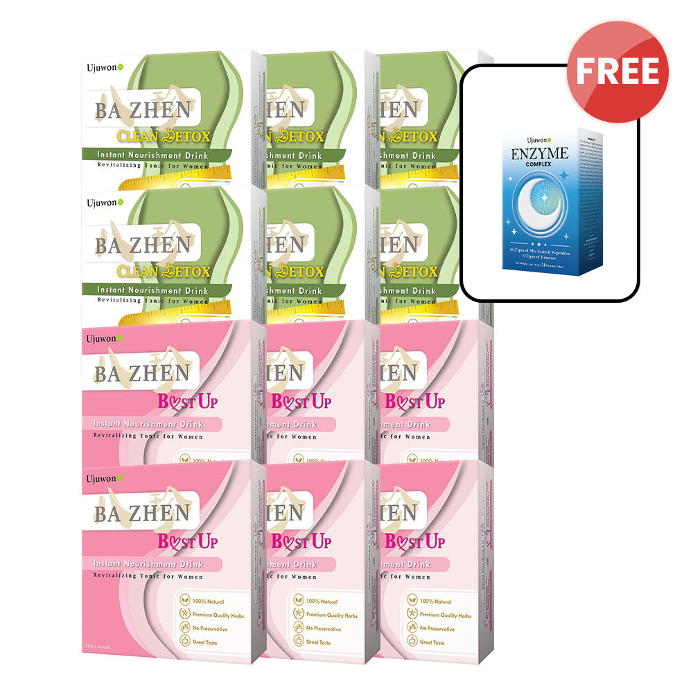 【Bundle of 12】Ujuwon Ba Zhen B.ust Up Instant Nourishment Drink 8s ×6 + Clean Detox Instant Nourishment Drink 8s ×6 + Free Enzyme Complex 30s ×1