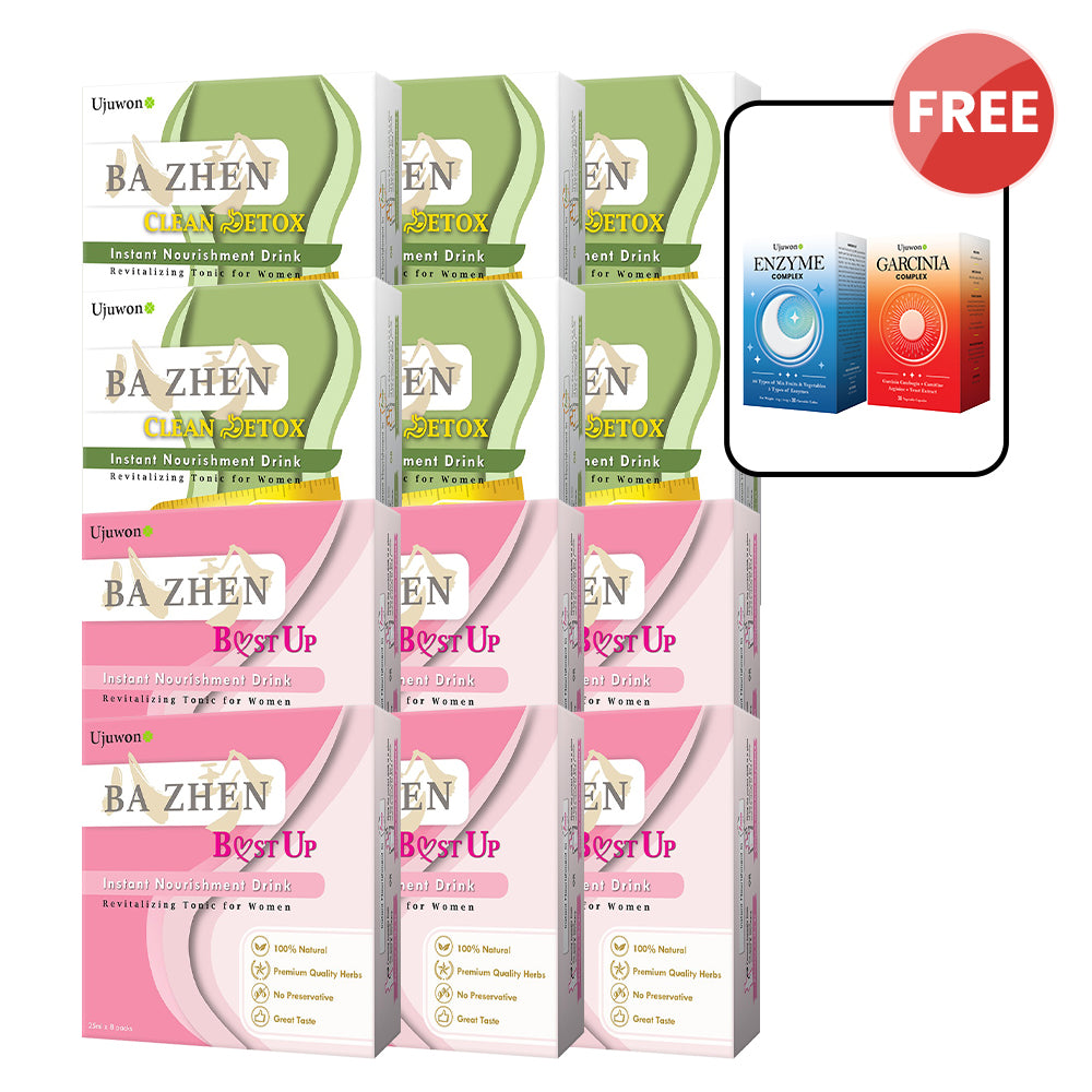 【Bundle of 12】Ujuwon Ba Zhen B.ust Up Instant Nourishment Drink 8s ×6 + Clean Detox Instant Nourishment Drink 8s ×6 + Free Enzyme Complex 30s + Garcinia Complex 30s ×1