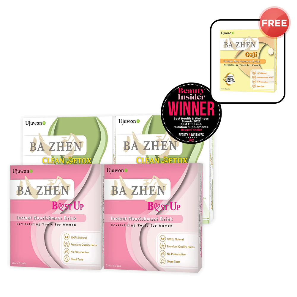 【Bundle of 4】Ujuwon Ba Zhen B.ust Up Instant Nourishment Drink 8s + Ba Zhen Clean Detox Instant Nourishment Drink 8s + Free Ba Zhen Goji Instant Nourishment Drink 8s × 1 box