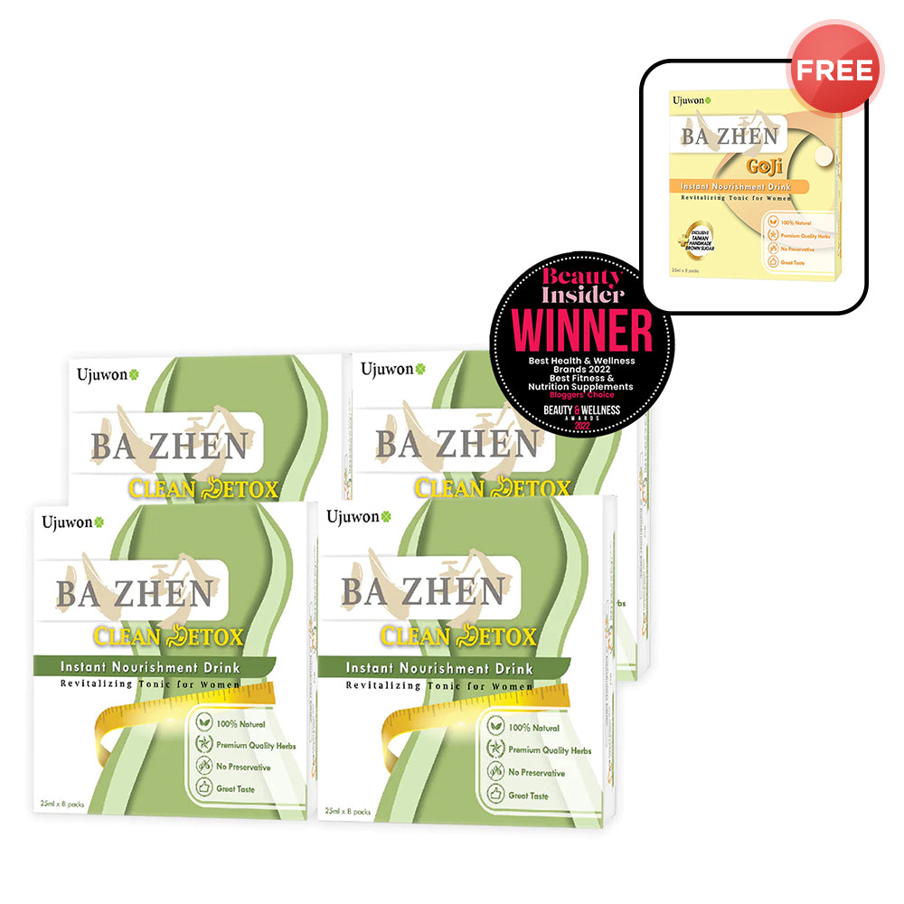 【Bundle of 4】Ujuwon Ba Zhen Clean Detox Instant Nourishment Drink 8s x 4 + Free Ba Zhen Goji Instant Nourishment Drink 8s × 1 box
