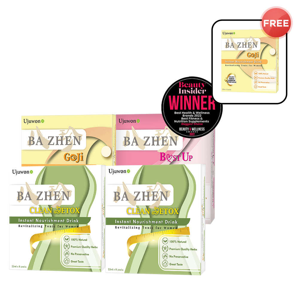 【Bundle of 4】Ujuwon Ba Zhen Goji Instant Nourishment Drink 8s x 1 + Ujuwon Ba Zhen B.ust Up Instant Nourishment Drink 8s x 1 + Ba Zhen Clean Detox Instant Nourishment Drink 8s x 2 + Free Ba Zhen Goji Instant Nourishment Drink 8s × 1 box