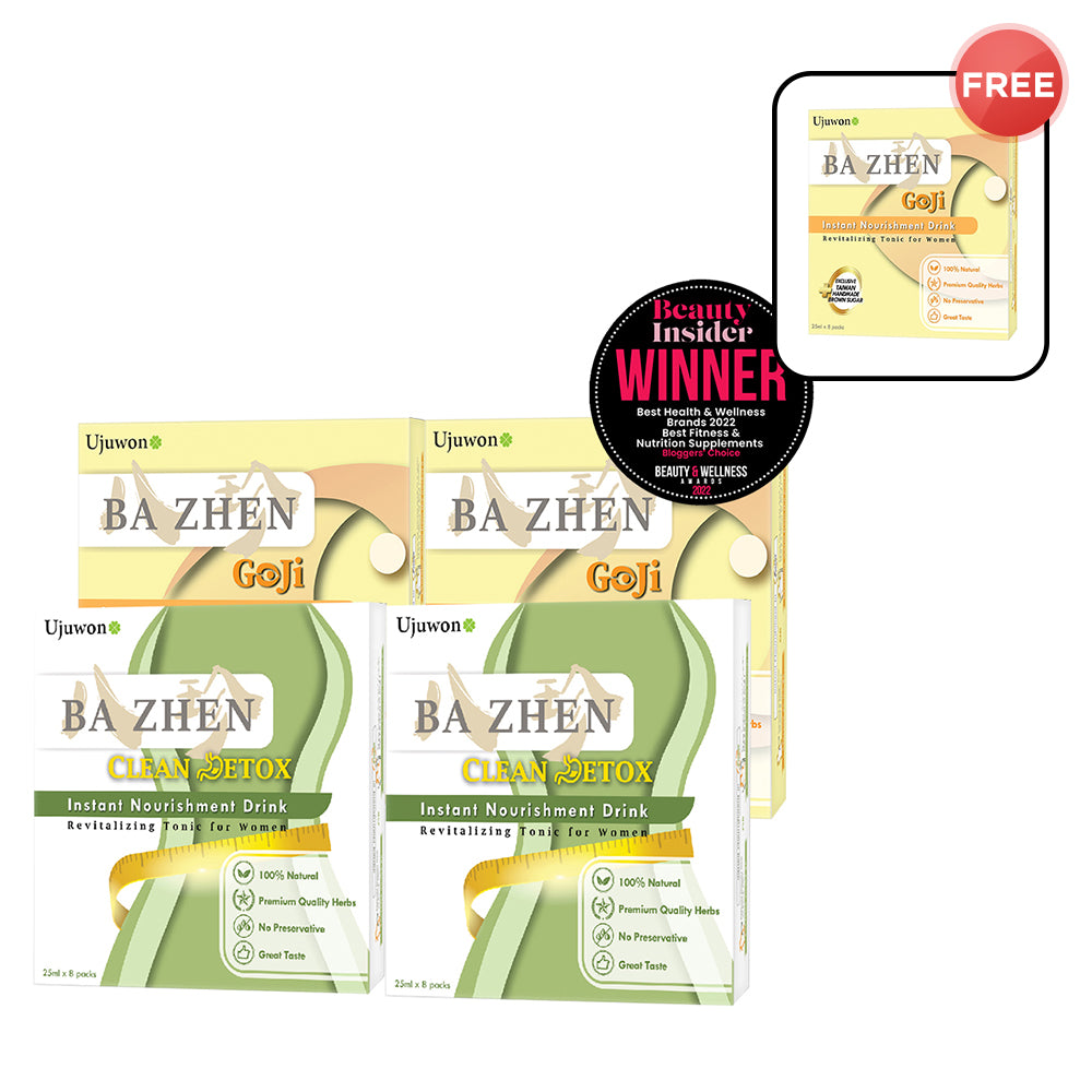 【Bundle of 4】Ujuwon Ba Zhen Goji Instant Nourishment Drink 8s x 2 + Ujuwon Ba Zhen Clean Detox Instant Nourishment Drink 8s x 2 + Free Ba Zhen Goji Instant Nourishment Drink 8s × 1 box