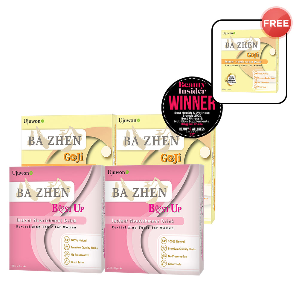 【Bundle of 4】Ujuwon Ba Zhen Goji Instant Nourishment Drink 8s x 2 + Ujuwon Ba Zhen B.ust Up Instant Nourishment Drink 8s x 2 + Free Ba Zhen Goji Instant Nourishment Drink 8s × 1 box