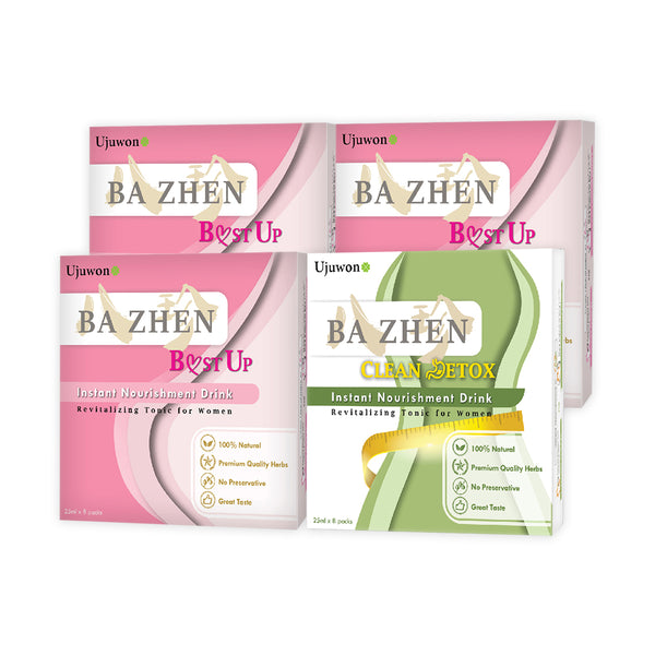 【Bundle of 4】Ujuwon Ba Zhen B.ust Up Instant Nourishment Drink 8s x3 + Ba Zhen Clean Detox Instant Nourishment Drink 8s x1