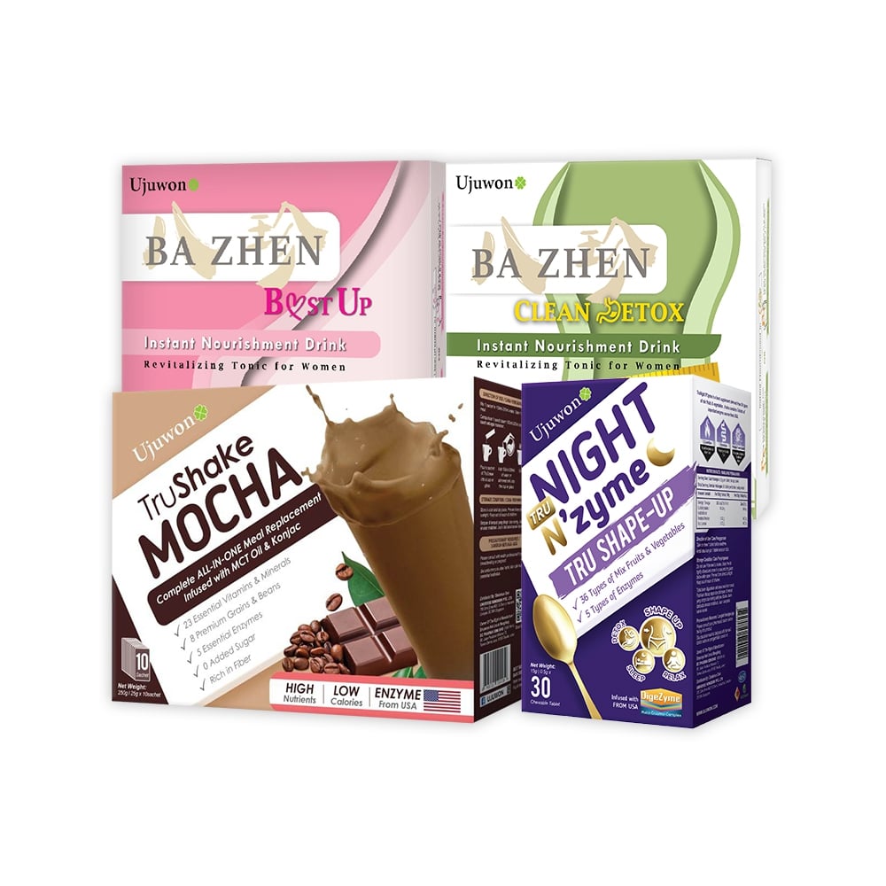 【Bundle of 4】Ujuwon Ba Zhen Bust Up 8s + Clean Detox 8s + AiO Meal Shake Mocha 10s +TruNight N'zyme 30s